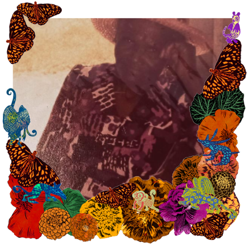 Photo of Amparo Jimenez in a frame with marigolds, flowers, alebrijes and monarch butterflies.