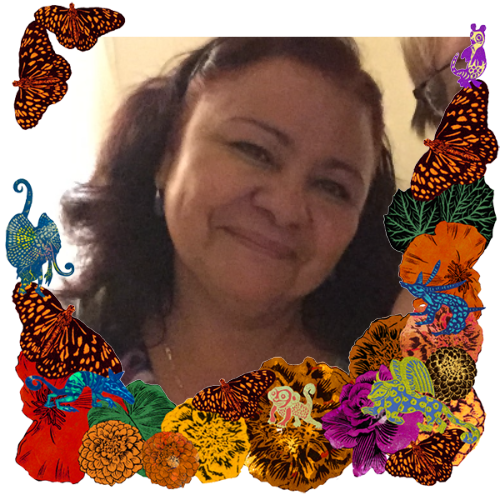 Photo of Ana Raquel in a frame with marigolds, flowers, alebrijes and monarch butterflies.
