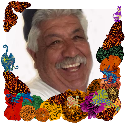 Photo of Andres Padilla in a frame with marigolds, flowers, alebrijes and monarch butterflies.