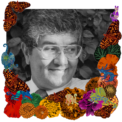Photo of Andres Vasconcellos in a frame with marigolds, flowers, alebrijes and monarch butterflies.