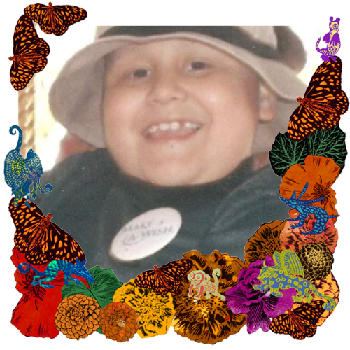 Photo of Andrew Ureno in a frame with marigolds, flowers, alebrijes and monarch butterflies.