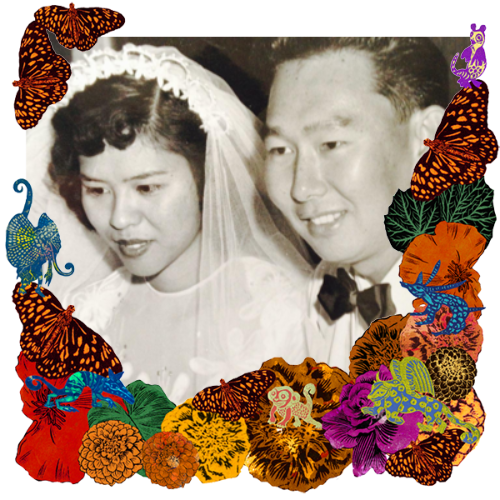 Photo of Ann and Larry Yamaguchi in a frame with marigolds, flowers, alebrijes and monarch butterflies.