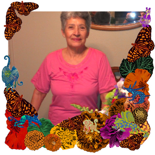 Photo of Antonia Romero Diaz in a frame with marigolds, flowers, alebrijes and monarch butterflies.
