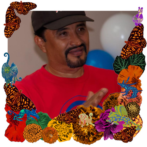 Photo of Antonio Bernabé Lule in a frame with marigolds, flowers, alebrijes and monarch butterflies.