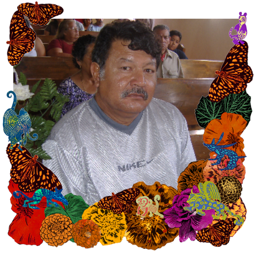 Photo of Antonio Castillo in a frame with marigolds, flowers, alebrijes and monarch butterflies.