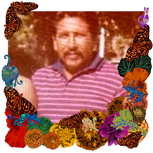 Photo of Arthur Torres in a frame with marigolds, flowers, alebrijes and monarch butterflies.
