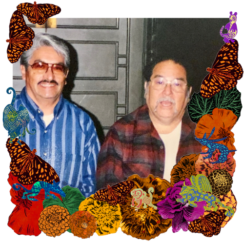 Photo of Arturo y George in a frame with marigolds, flowers, alebrijes and monarch butterflies.