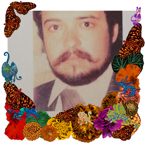 Photo of My brother in a frame with marigolds, flowers, alebrijes and monarch butterflies.