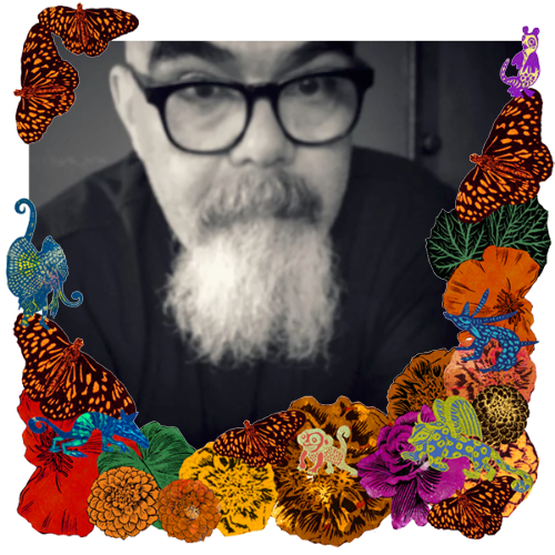 Photo of Aurelio Jose Barrera in a frame with marigolds, flowers, alebrijes and monarch butterflies.