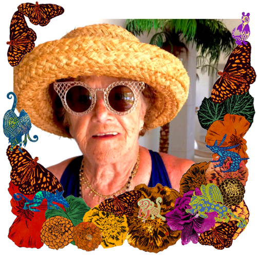 Photo of Azalea Granados Enriquez in a frame with marigolds, flowers, alebrijes and monarch butterflies.