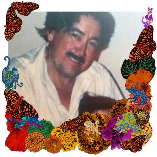 Photo of Benjamin Perez in a frame with marigolds, flowers, alebrijes and monarch butterflies.