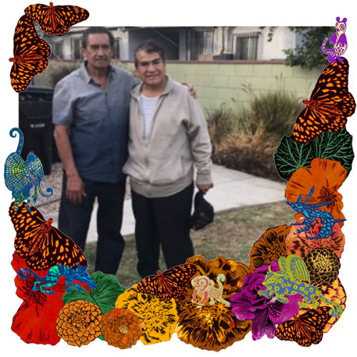 Photo of Benny Carrillo and Claudio Martinez in a frame with marigolds, flowers, alebrijes and monarch butterflies.