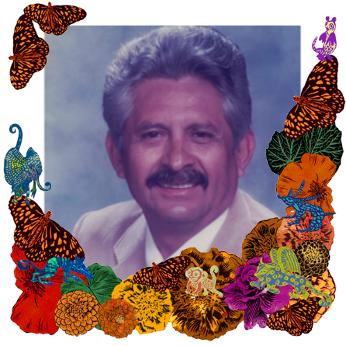 Photo of Bernardo Leyva in a frame with marigolds, flowers, alebrijes and monarch butterflies.