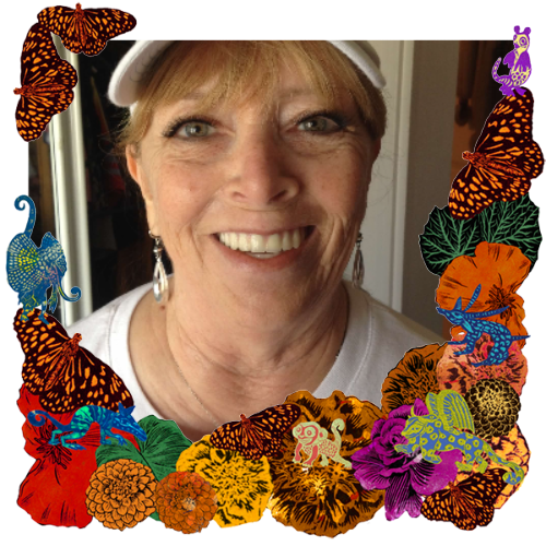 Photo of Bertha "Birdie" Stoehr in a frame with marigolds, flowers, alebrijes and monarch butterflies.