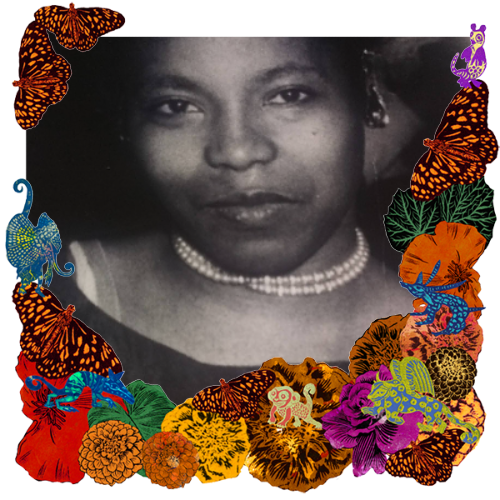 Photo of Betty Alexander Arbuckle in a frame with marigolds, flowers, alebrijes and monarch butterflies.