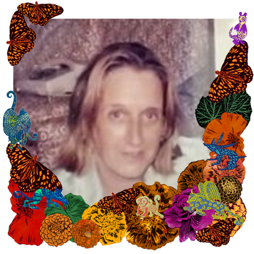 Photo of Bety Arrechea in a frame with marigolds, flowers, alebrijes and monarch butterflies.