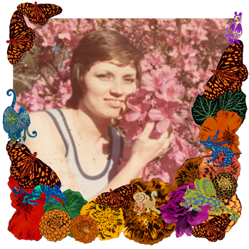 Photo of Beverly Guerra in a frame with marigolds, flowers, alebrijes and monarch butterflies.