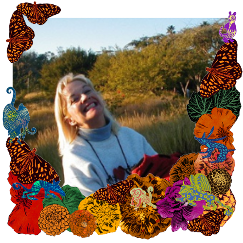Photo of Beverly Trust in a frame with marigolds, flowers, alebrijes and monarch butterflies.