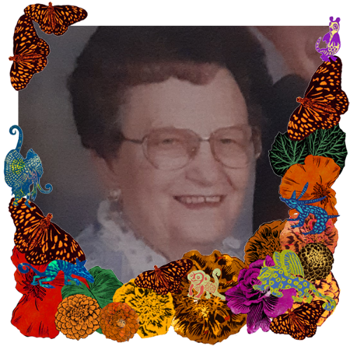 Photo of Billa Jean Peters Jones in a frame with marigolds, flowers, alebrijes and monarch butterflies.