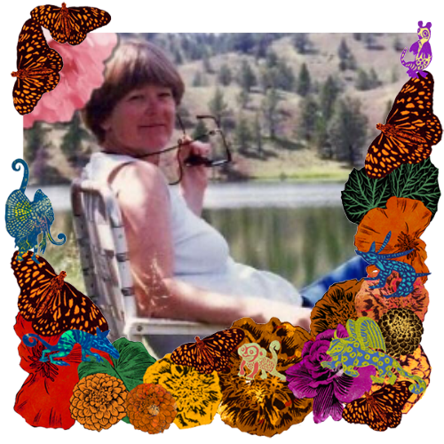 Photo of Billie Pat in a frame with marigolds, flowers, alebrijes and monarch butterflies.
