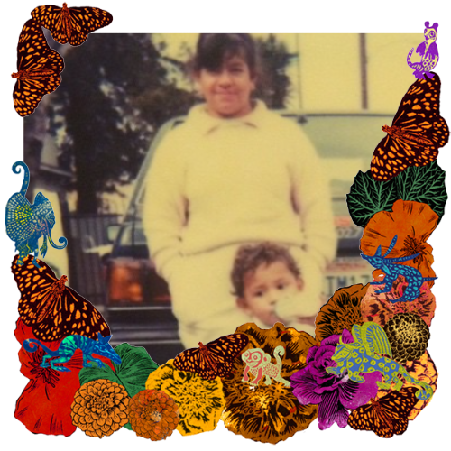 Photo of Blanca Gonzalez in a frame with marigolds, flowers, alebrijes and monarch butterflies.