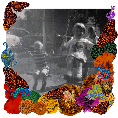 Photo of Bob and Ed Zukusky in a frame with marigolds, flowers, alebrijes and monarch butterflies.