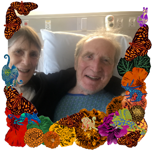 Photo of Bob Hardman in a frame with marigolds, flowers, alebrijes and monarch butterflies.