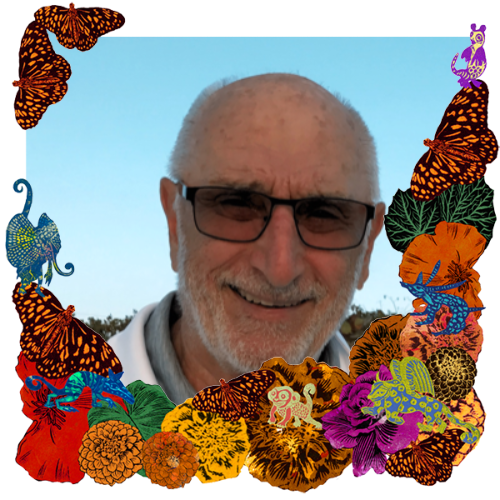 Photo of Bob Jasna in a frame with marigolds, flowers, alebrijes and monarch butterflies.