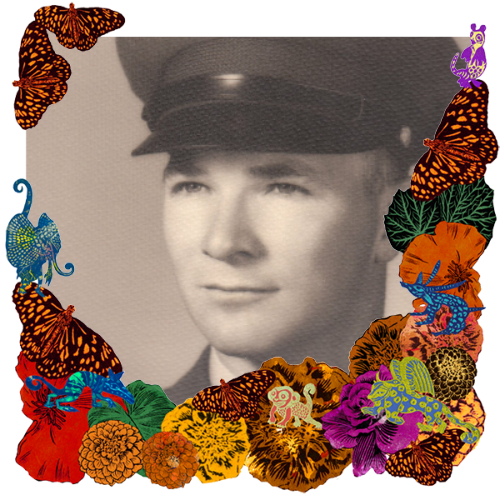 Photo of Bob Morrill in a frame with marigolds, flowers, alebrijes and monarch butterflies.
