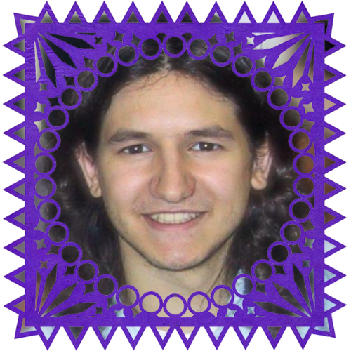 Photo of Brady Weaver in a frame with papel picado.