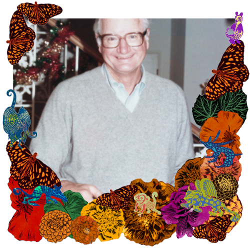 Photo of Brewster Arms in a frame with marigolds, flowers, alebrijes and monarch butterflies.