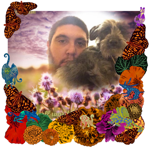 Photo of Brian Rourke in a frame with marigolds, flowers, alebrijes and monarch butterflies.
