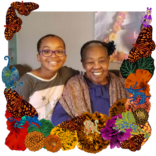 Photo of Briana Granny Sillin in a frame with marigolds, flowers, alebrijes and monarch butterflies.