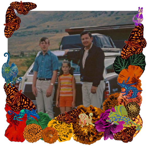 Photo of My brother and my dad in a frame with marigolds, flowers, alebrijes and monarch butterflies.