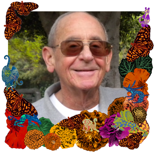 Photo of Bruce M. Barack in a frame with marigolds, flowers, alebrijes and monarch butterflies.
