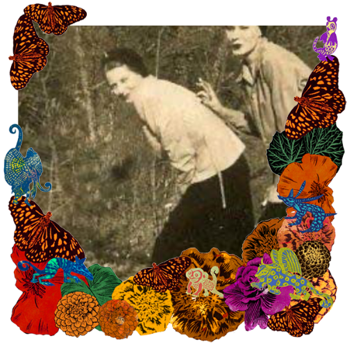 Photo of Bunny and Wilma in a frame with marigolds, flowers, alebrijes and monarch butterflies.