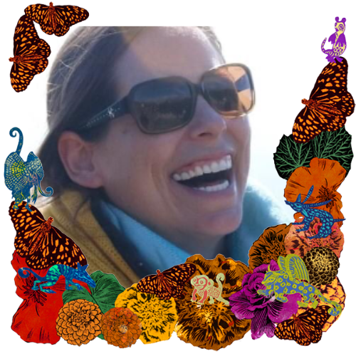 Photo of Callie Chastain in a frame with marigolds, flowers, alebrijes and monarch butterflies.