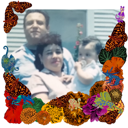Photo of Carlos & Enriqueta in a frame with marigolds, flowers, alebrijes and monarch butterflies.