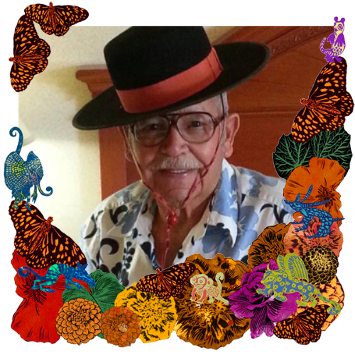Photo of Carlos F. Tamayo in a frame with marigolds, flowers, alebrijes and monarch butterflies.