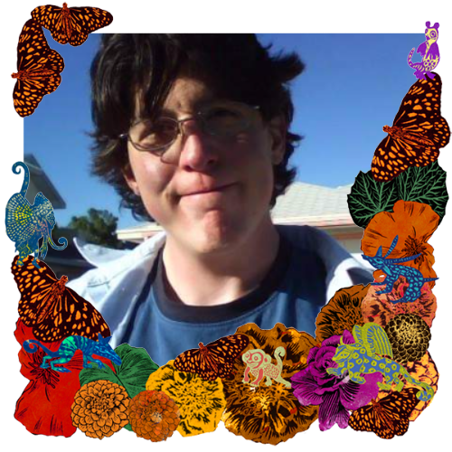 Photo of Carlos de la Chesnaye in a frame with marigolds, flowers, alebrijes and monarch butterflies.