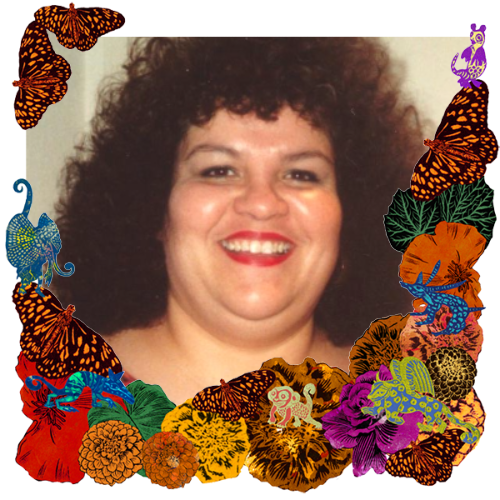 Photo of Carmen Estrada in a frame with marigolds, flowers, alebrijes and monarch butterflies.