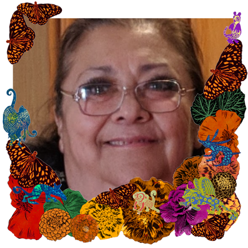 Photo of Carmen Gonzales in a frame with marigolds, flowers, alebrijes and monarch butterflies.