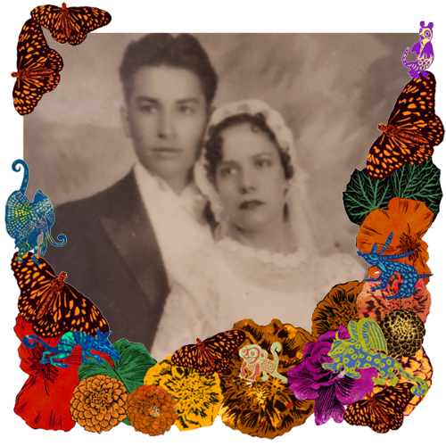 Photo of Carmen and Peter Castro in a frame with marigolds, flowers, alebrijes and monarch butterflies.