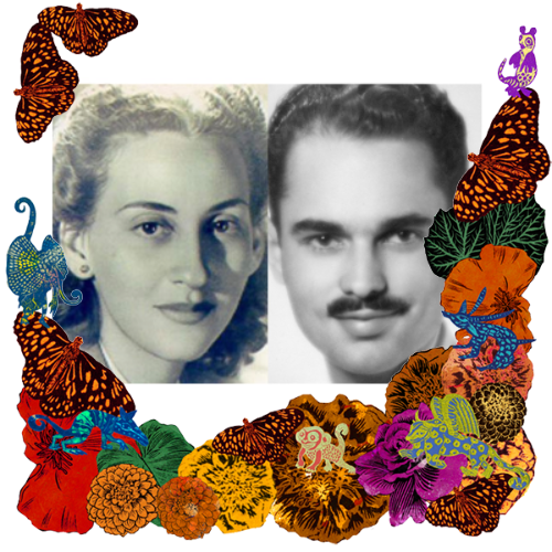 Photo of Carmita y Rubén Darío in a frame with marigolds, flowers, alebrijes and monarch butterflies.