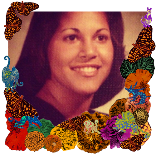 Photo of Carole Hansen in a frame with marigolds, flowers, alebrijes and monarch butterflies.