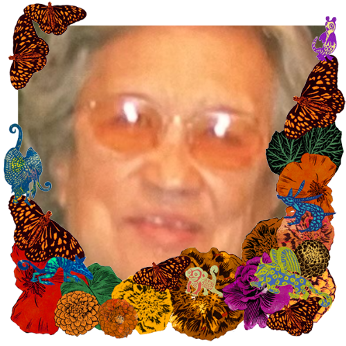 Photo of Carolina Vigil Martinez in a frame with marigolds, flowers, alebrijes and monarch butterflies.