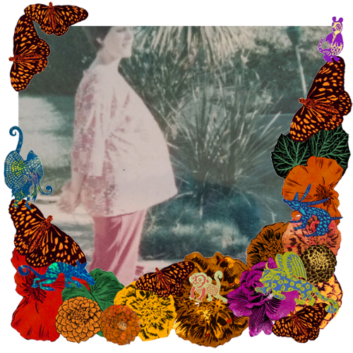 Photo of Carolyn Janet Dodge McNabb in a frame with marigolds, flowers, alebrijes and monarch butterflies.