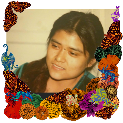 Photo of Celina Real in a frame with marigolds, flowers, alebrijes and monarch butterflies.