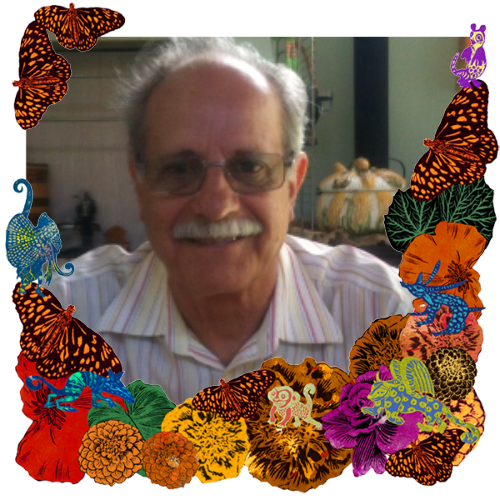 Photo of Cerly Simas in a frame with marigolds, flowers, alebrijes and monarch butterflies.