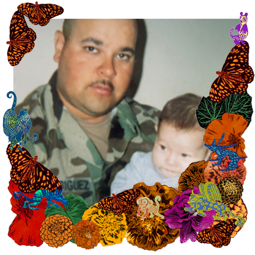 Photo of Cesar Rodriguez Jr. in a frame with marigolds, flowers, alebrijes and monarch butterflies.